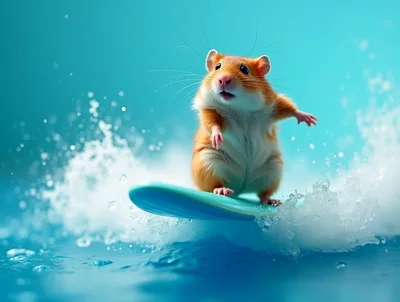 Cute Hamster Surfing On A Small Blue Surfboard