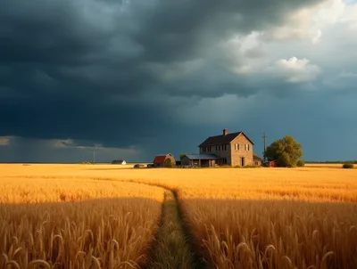 Stone Farmhouse Amidst Golden Wheat Field Under Stormy Sky