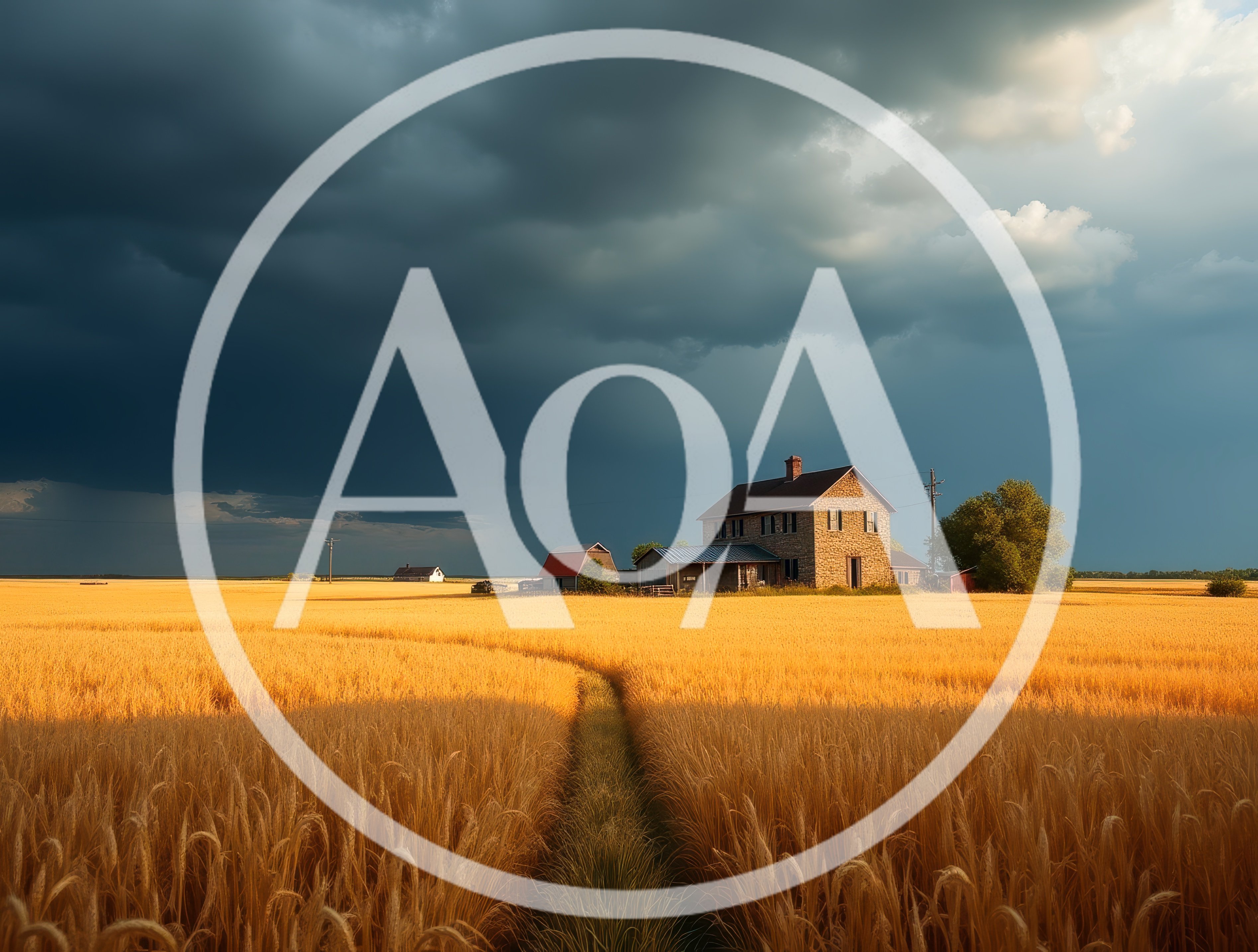 Stone Farmhouse Amidst Golden Wheat Field Under Stormy Sky