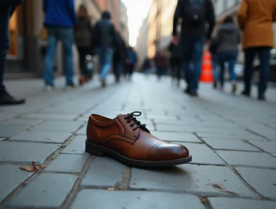 Single Brown Leather Dress Shoe Abandoned On City Sidewalk