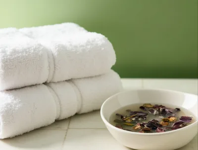 Spa Setting With White Towels And Floral Water Bowl