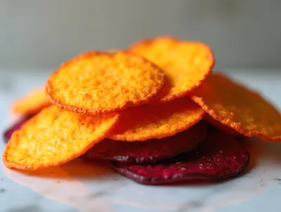 Stack Of Crispy Vegetable Chips On Marble Surface