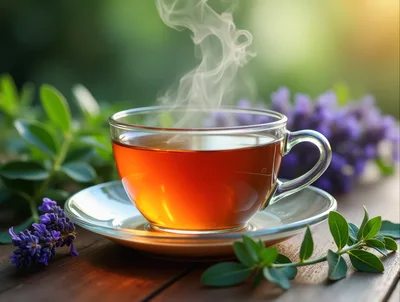 Steaming Cup Of Herbal Tea With Lavender Flowers