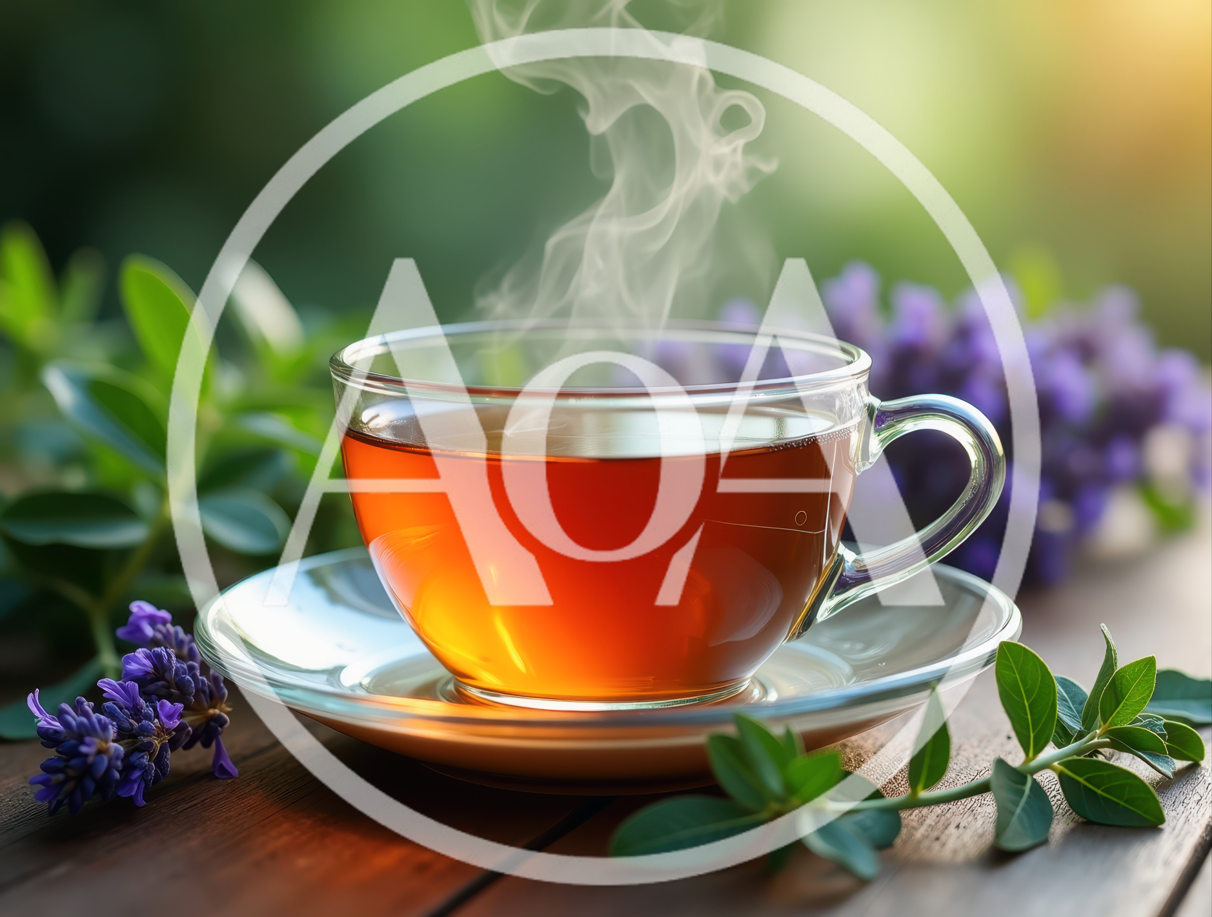 Steaming Cup Of Herbal Tea With Lavender Flowers
