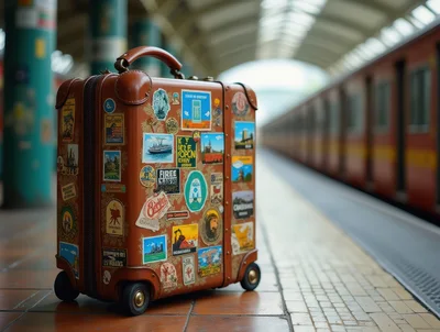 Vintage Brown Suitcase On A Train Station Platform