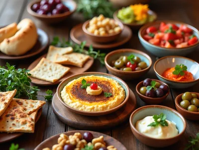 Mediterranean Mezze Platter Spread on Rustic Wooden Table