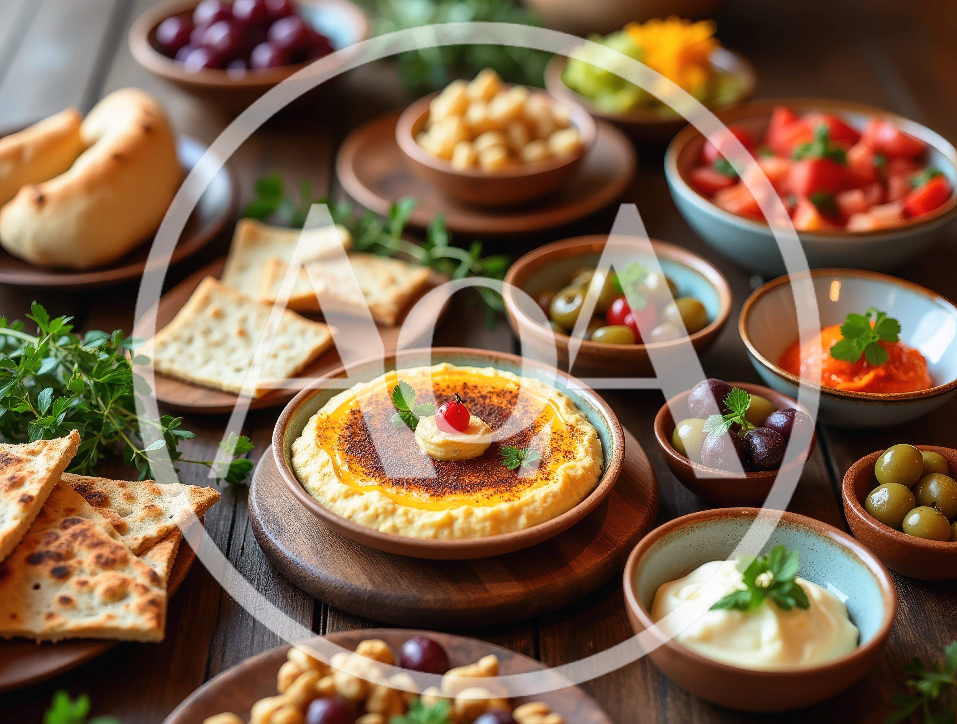Mediterranean Mezze Platter Spread on Rustic Wooden Table