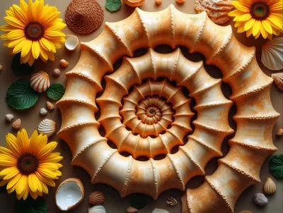 Spiral Ammonite Fossil Shell Surrounded By Sunflowers