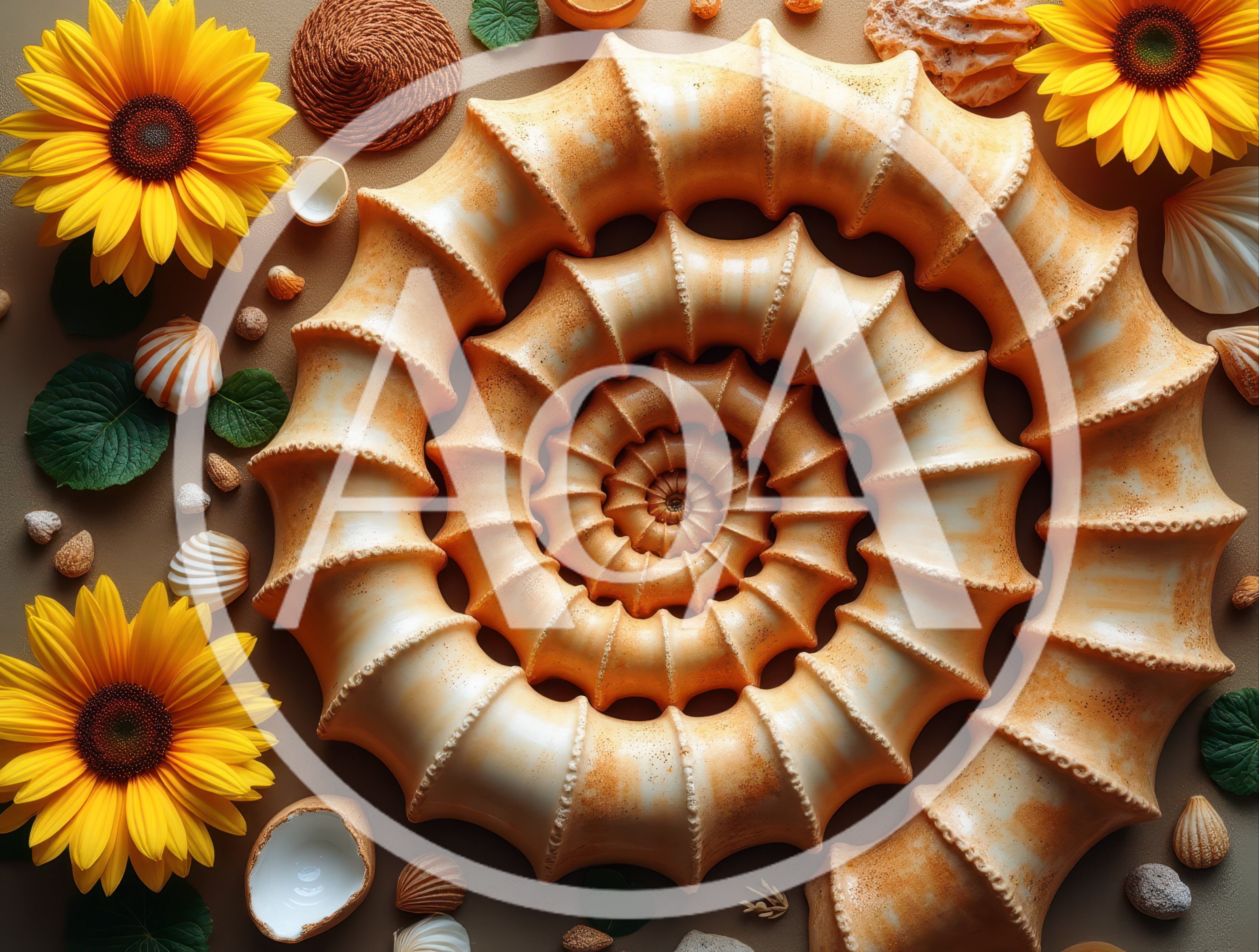 Spiral Ammonite Fossil Shell Surrounded By Sunflowers