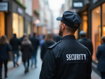 Security Guard Patrolling A Busy City Shopping Street