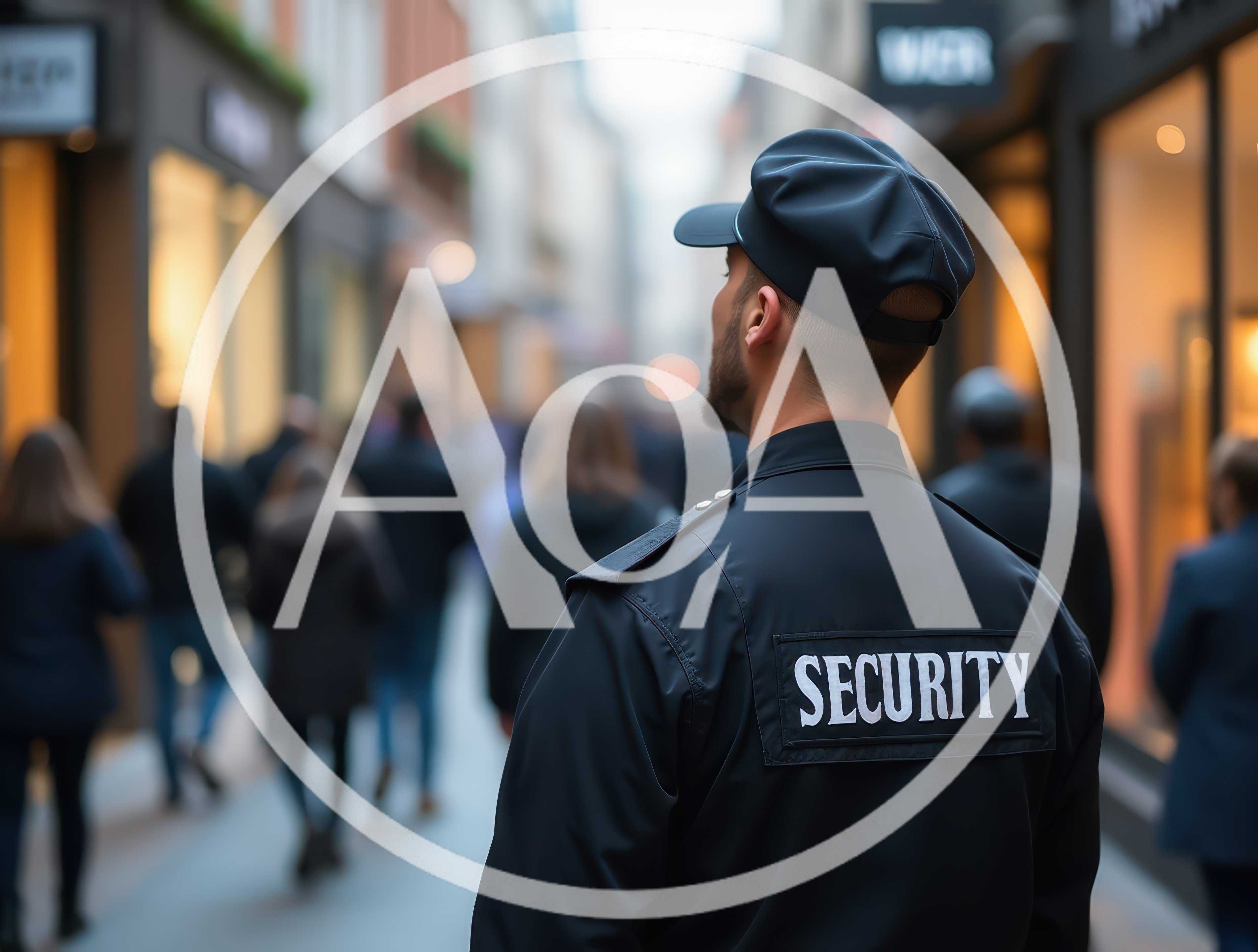Security Guard Patrolling A Busy City Shopping Street