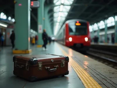 Vintage Brown Suitcase Left on Subway Platform