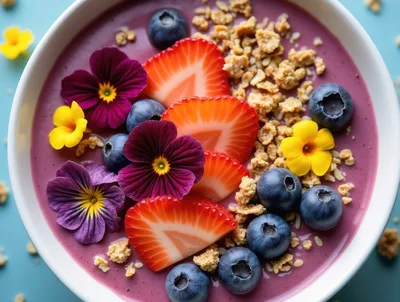 Acai Smoothie Bowl Topped With Fresh Fruit And Flowers