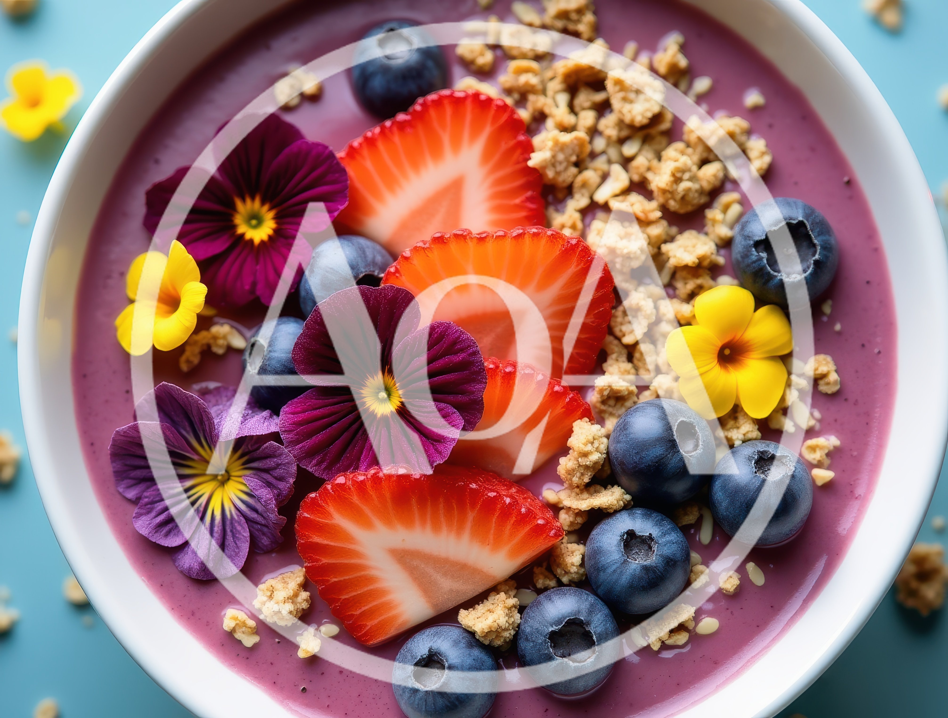 Acai Smoothie Bowl Topped With Fresh Fruit And Flowers