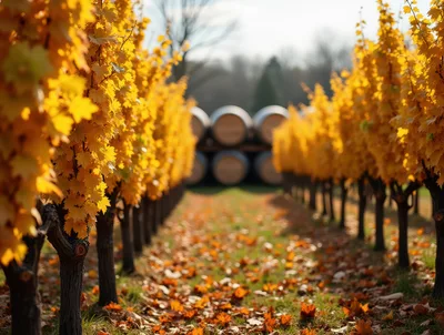 Autumn Vineyard Rows With Wine Barrels In Background