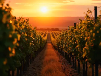 Golden Hour Sunset Over A Lush Vineyard Row