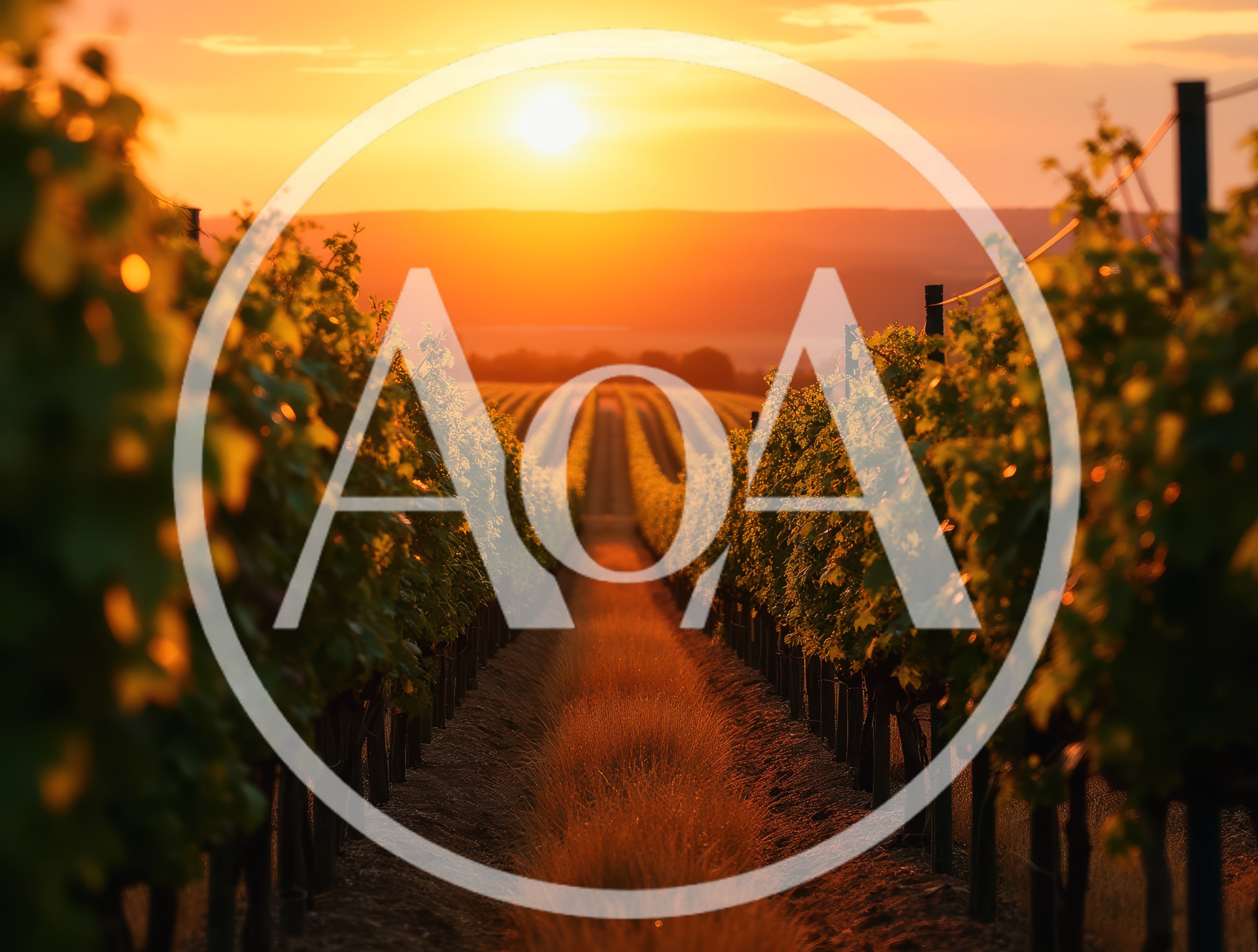 Golden Hour Sunset Over A Lush Vineyard Row