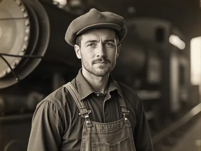 Portrait Of A Vintage Train Conductor In Sepia