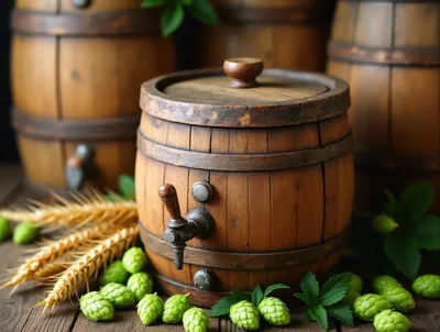 Wooden Beer Barrel With Hops And Barley
