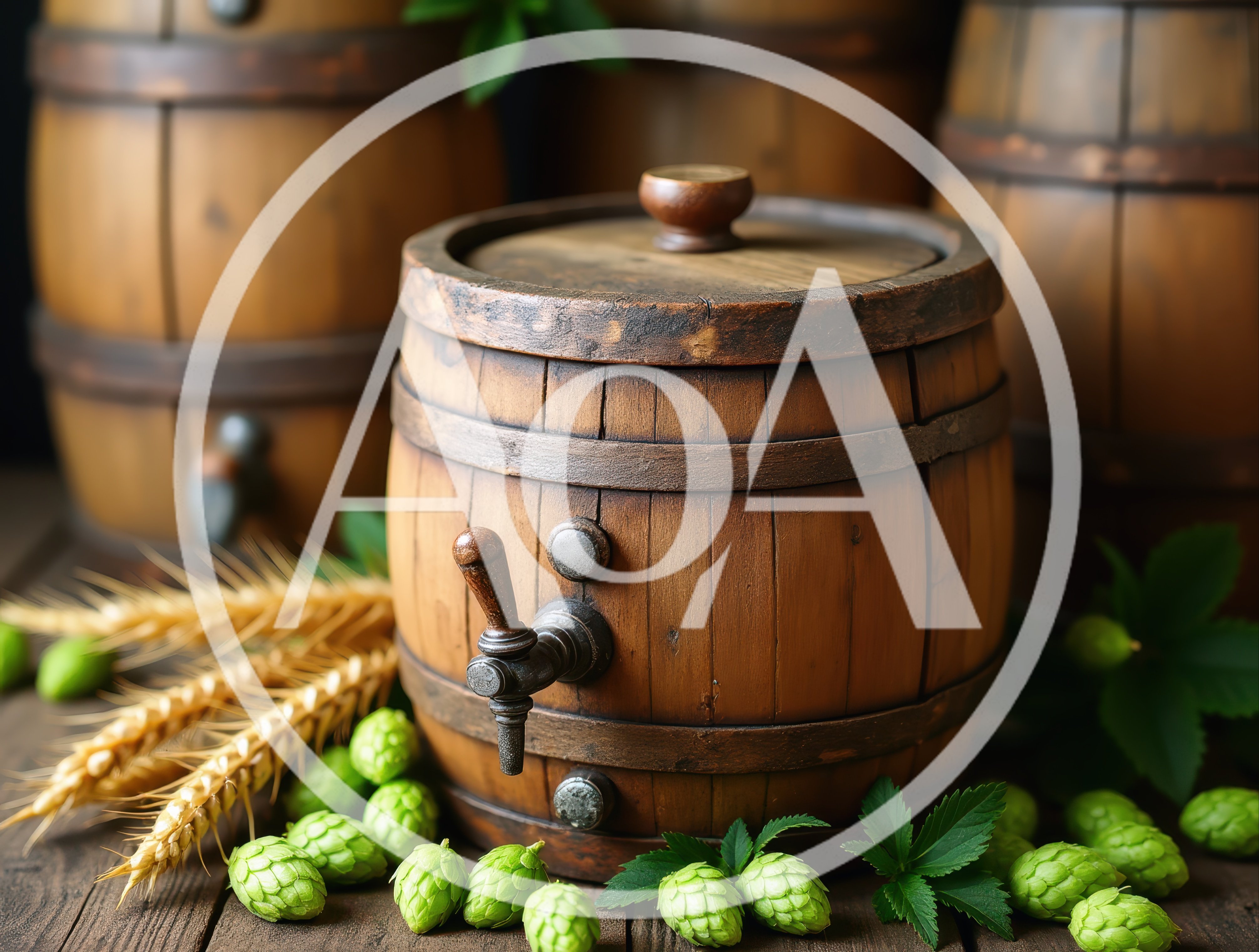 Wooden Beer Barrel With Hops And Barley