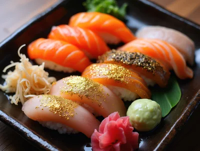 Gourmet Sushi Platter With Gold Leaf Topping