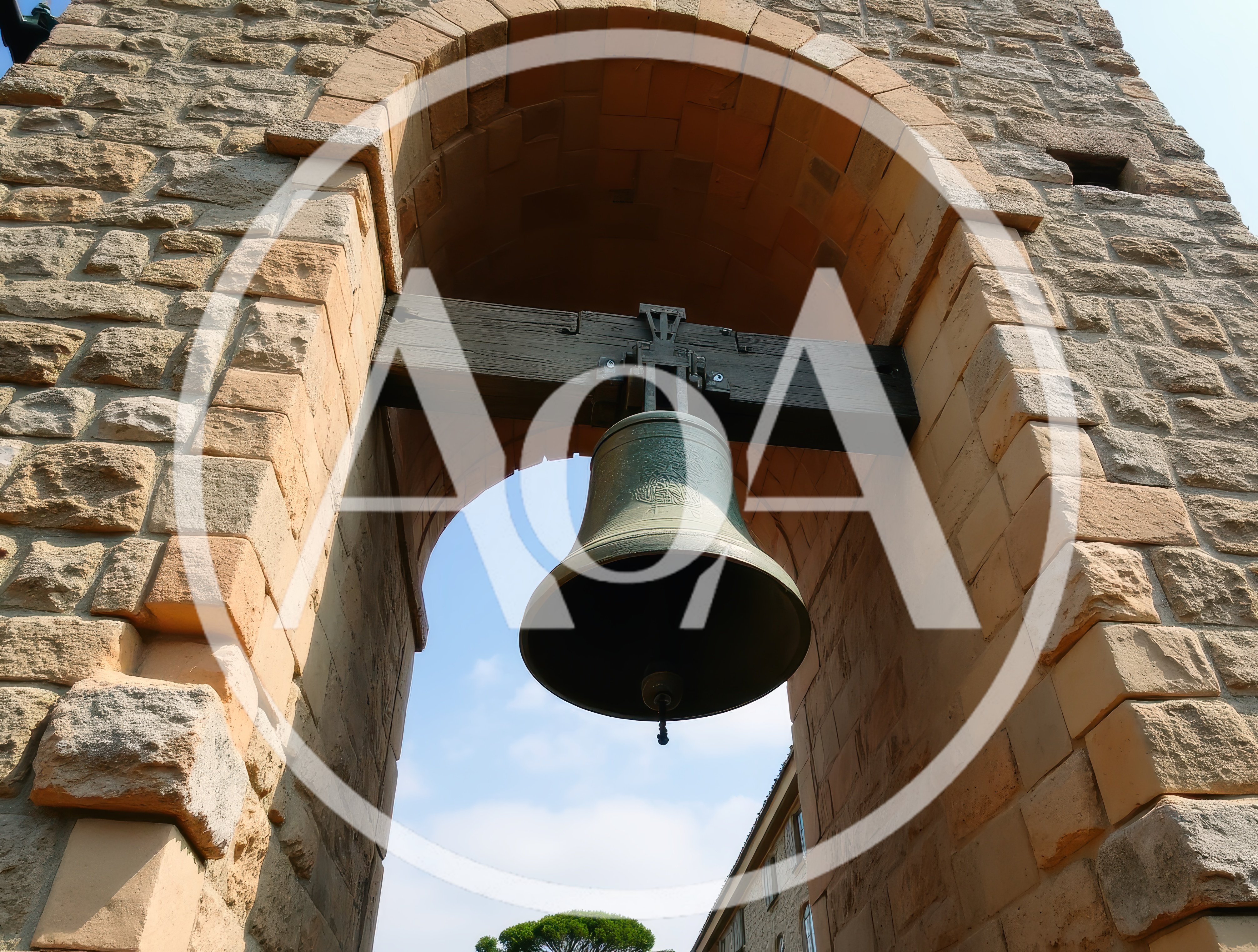 Large Bronze Bell Hanging In Stone Archway