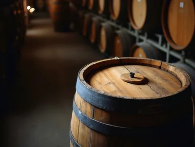 Wooden Wine Barrel In A Dimly Lit Cellar