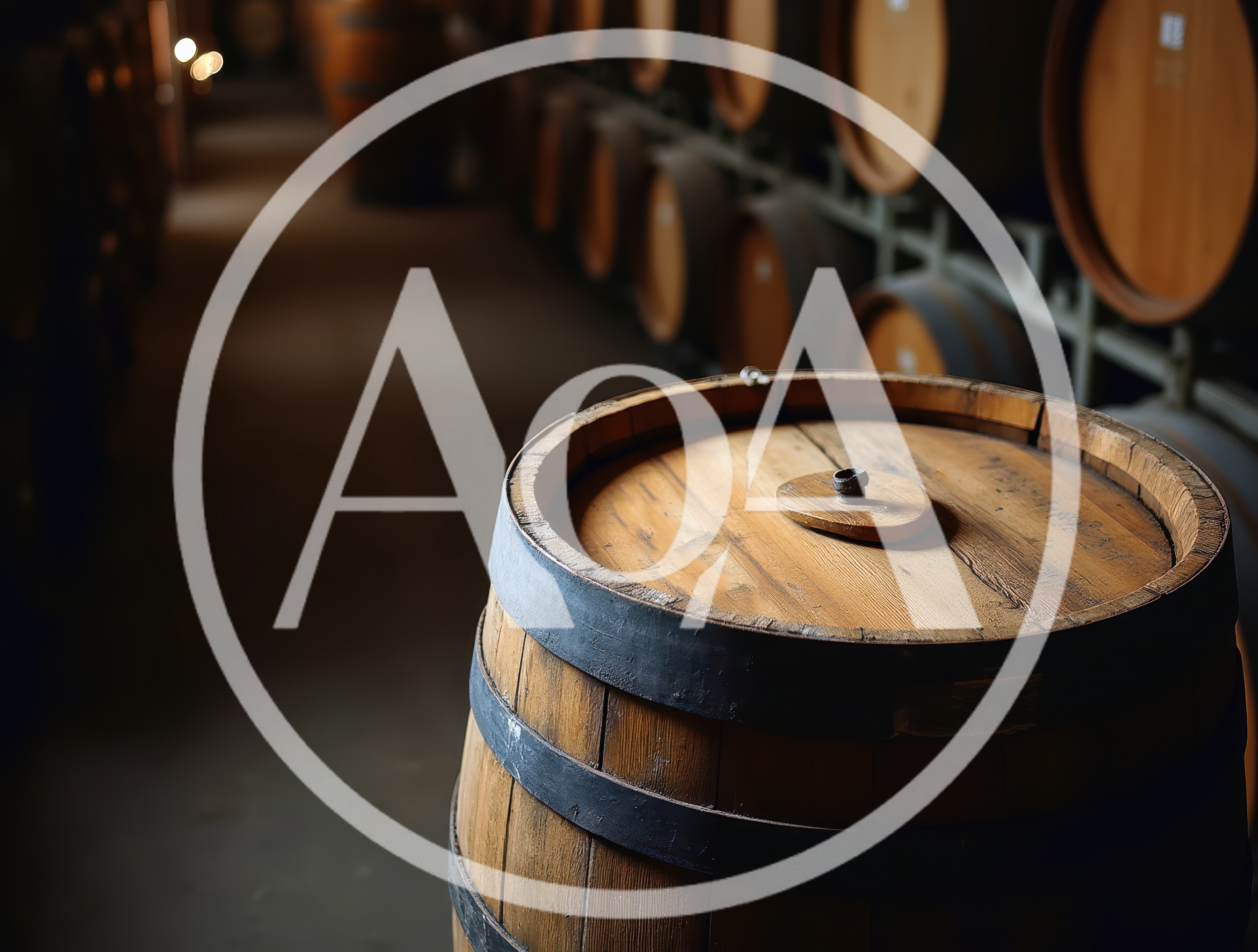 Wooden Wine Barrel In A Dimly Lit Cellar