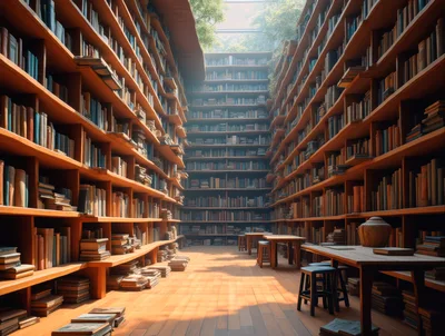 Grand Library Interior With Towering Wooden Bookshelves