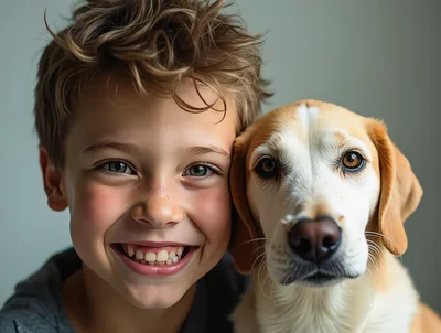 Young Boy Smiling Next To His Pet Beagle