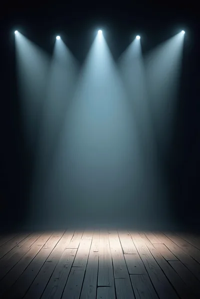 Empty Wooden Stage With Five Bright Spotlights