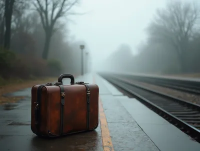 Vintage Leather Suitcase Sitting On A Foggy Train Platform