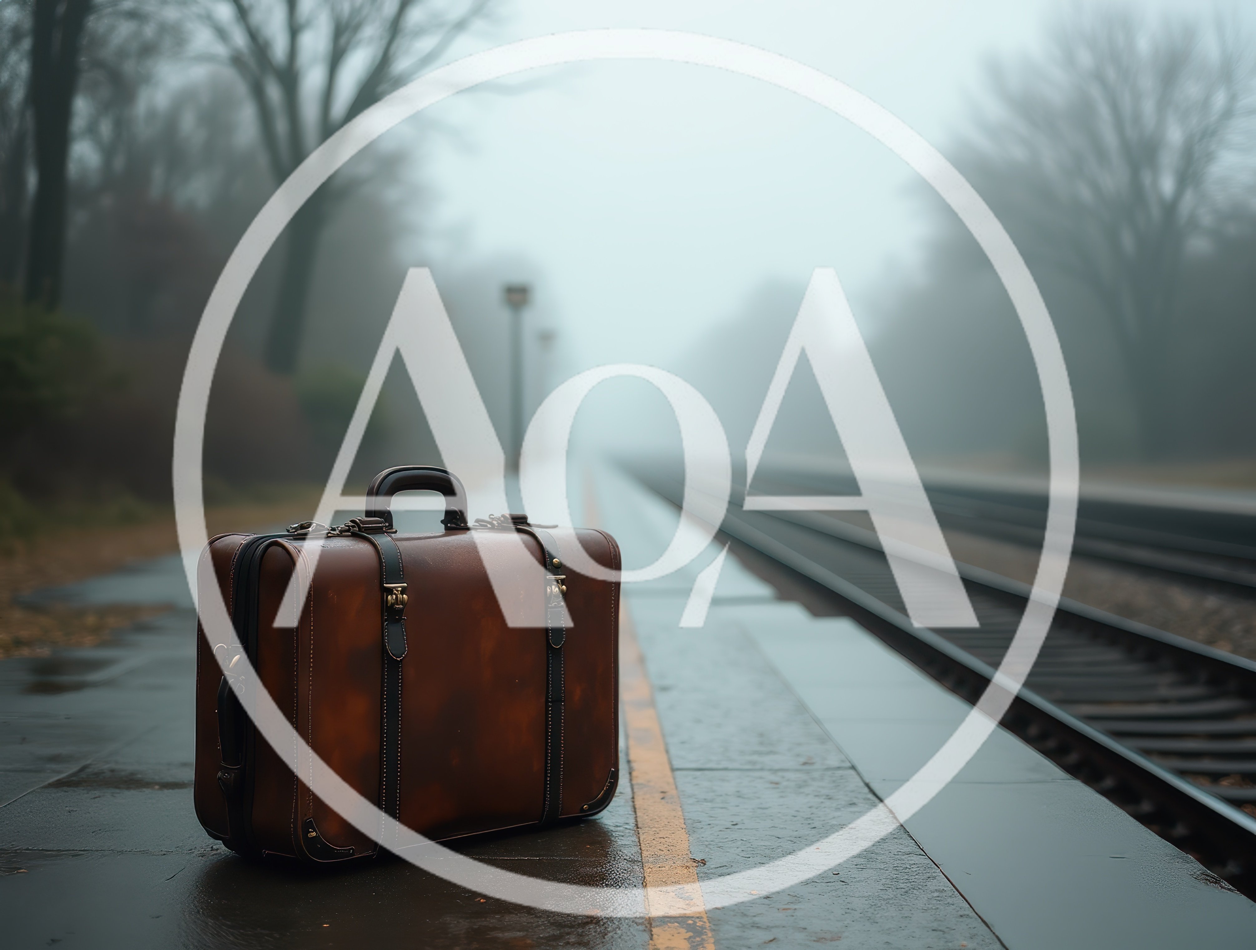 Vintage Leather Suitcase Sitting On A Foggy Train Platform