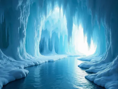 Majestic Ice Cave With Frozen River And Icicles