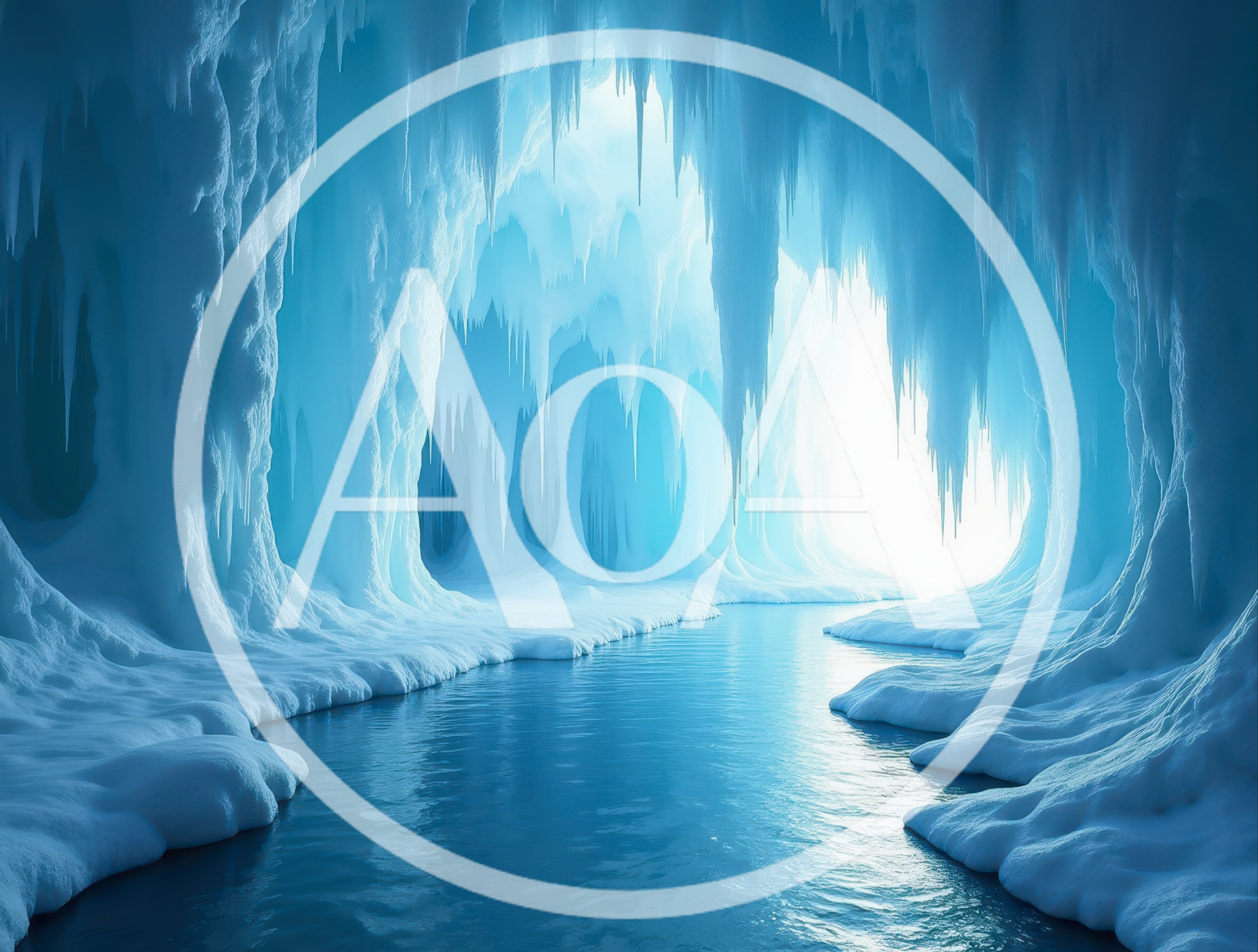 Majestic Ice Cave With Frozen River And Icicles