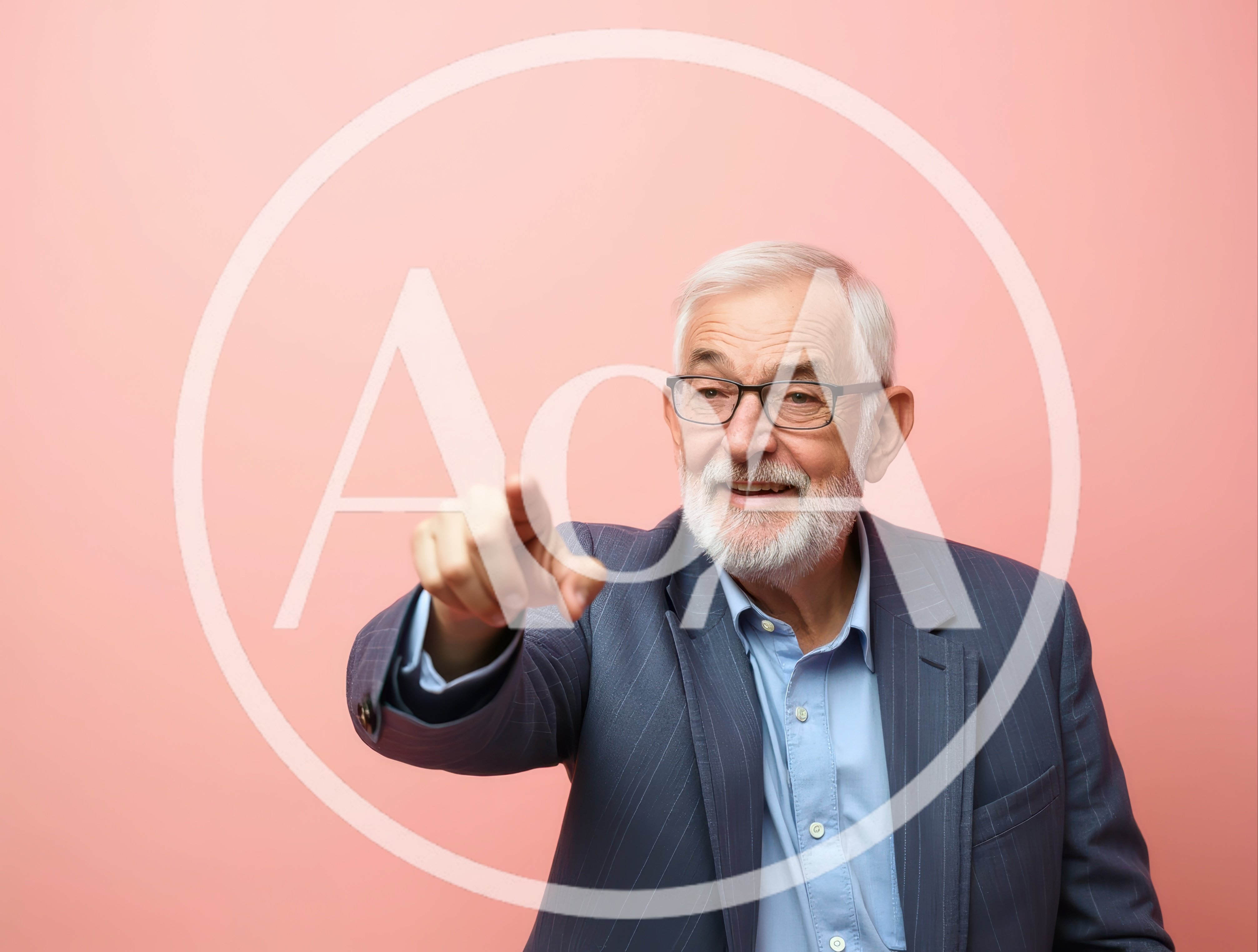 Senior Businessman Pointing Forward Against Pink Background
