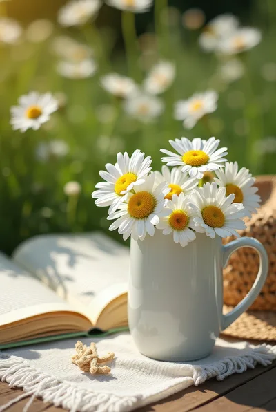 Daisies in a Mug Beside an Open Book