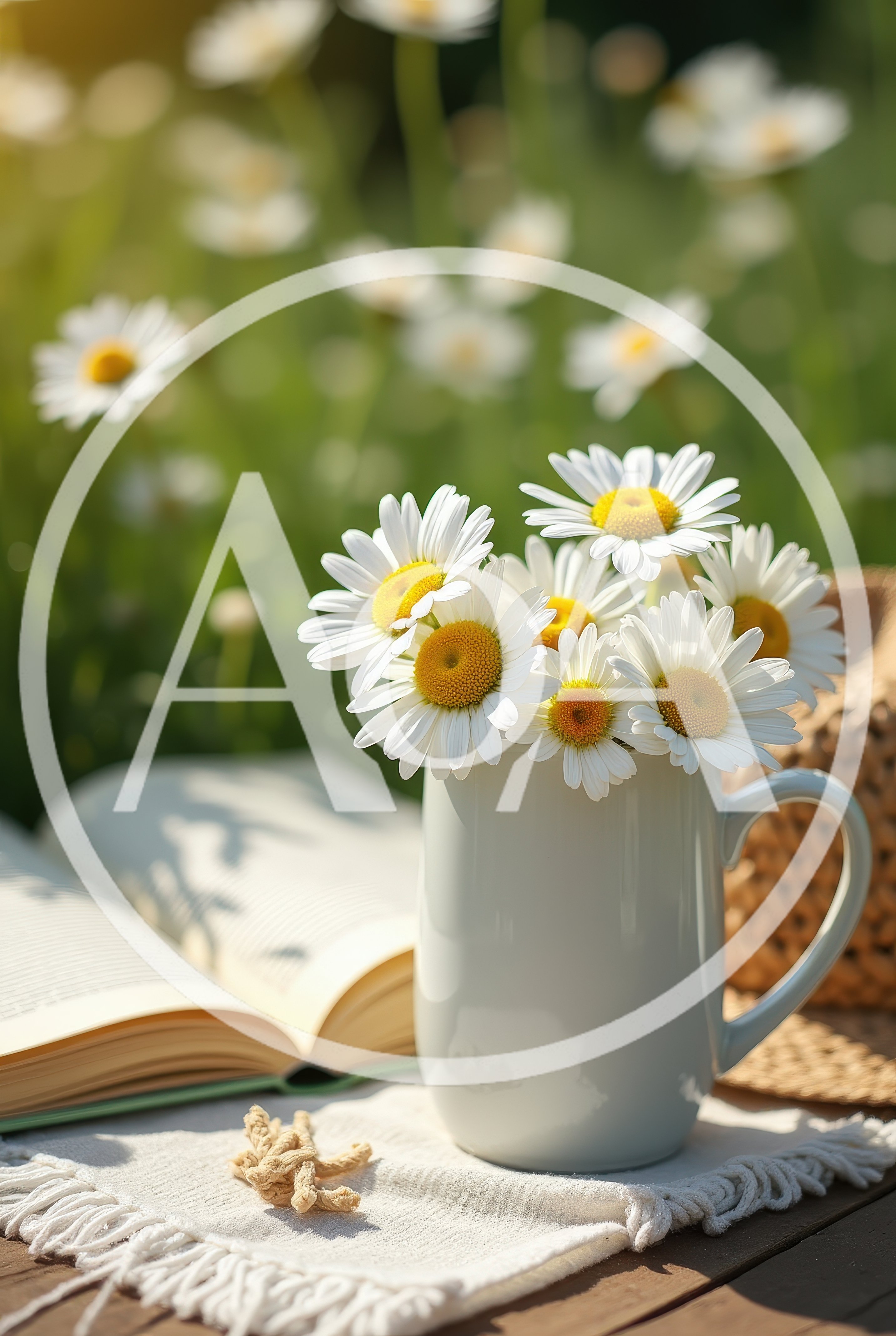 Daisies in a Mug Beside an Open Book