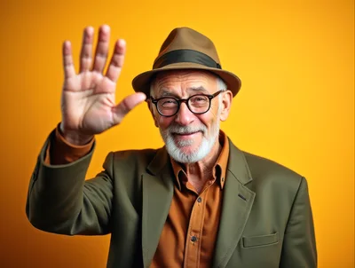 Senior Man Waving Hello Against Yellow Background