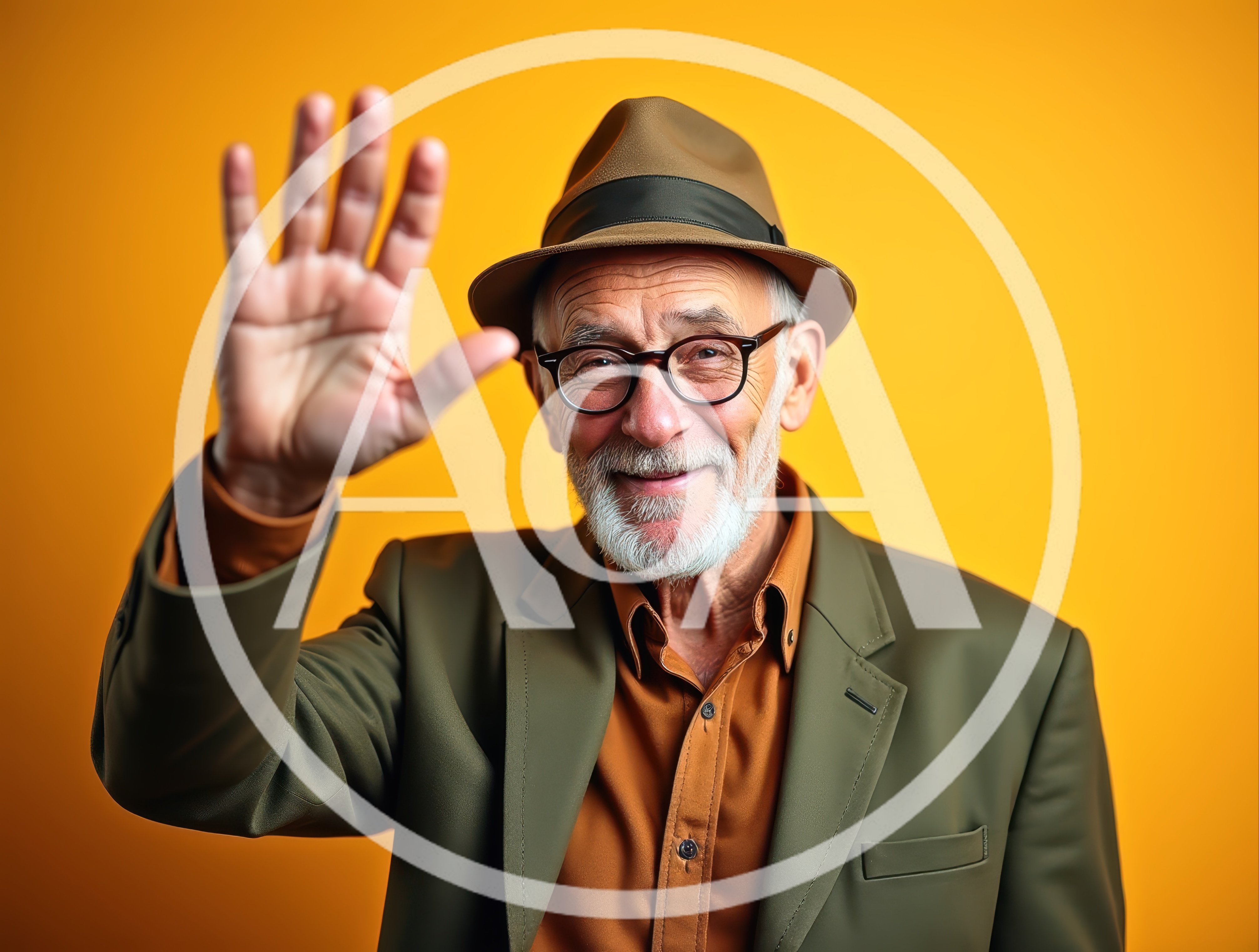 Senior Man Waving Hello Against Yellow Background