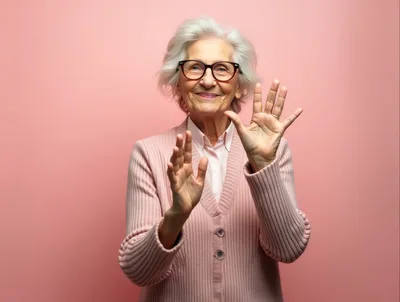 Elderly Woman Waving Hello Against Pink Background
