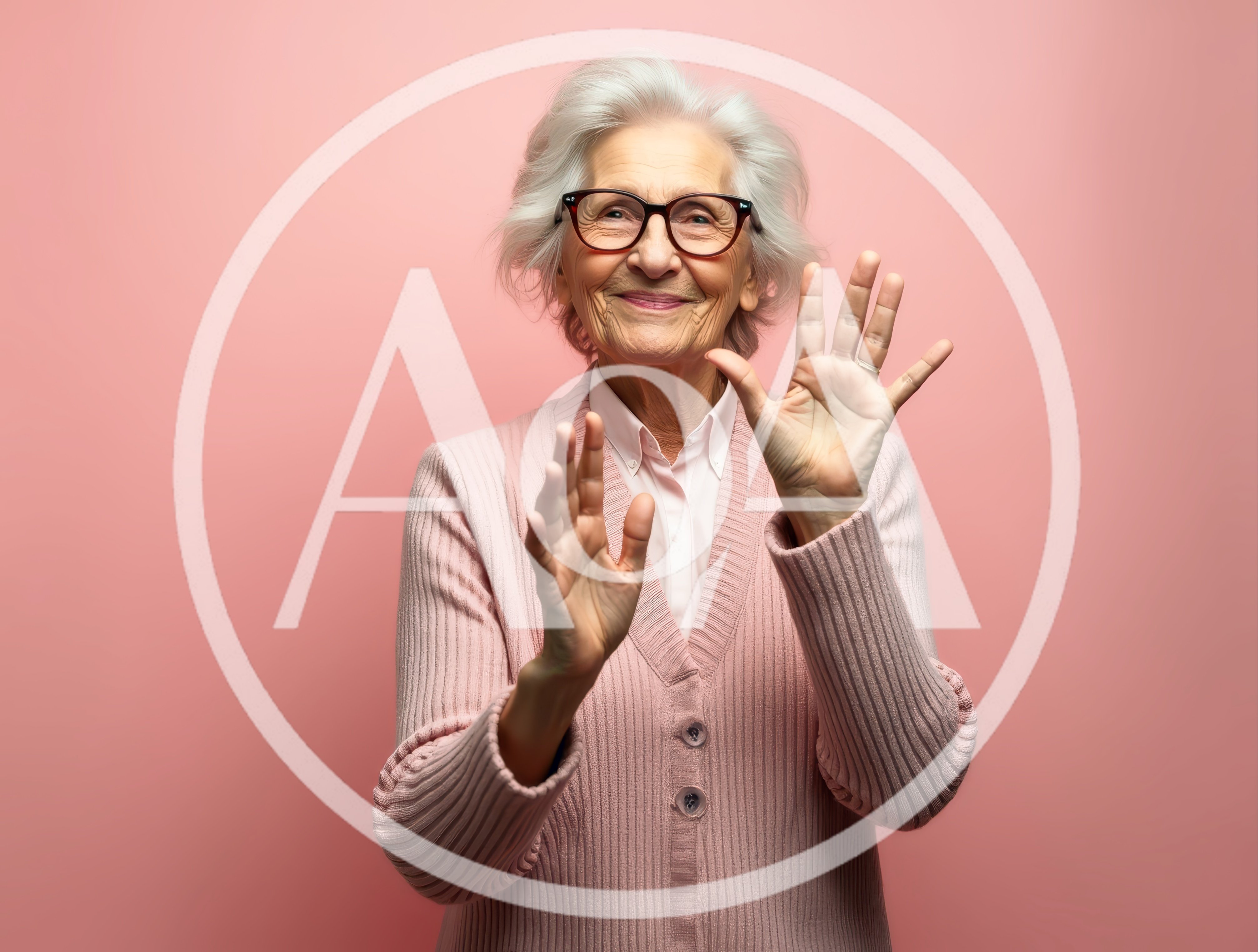 Elderly Woman Waving Hello Against Pink Background