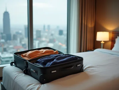 Open Suitcase Packed With Clothing On Hotel Bed