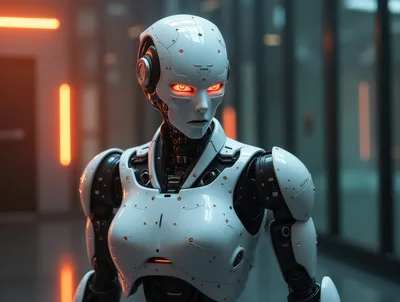 Futuristic White Android Robot With Glowing Red Eyes