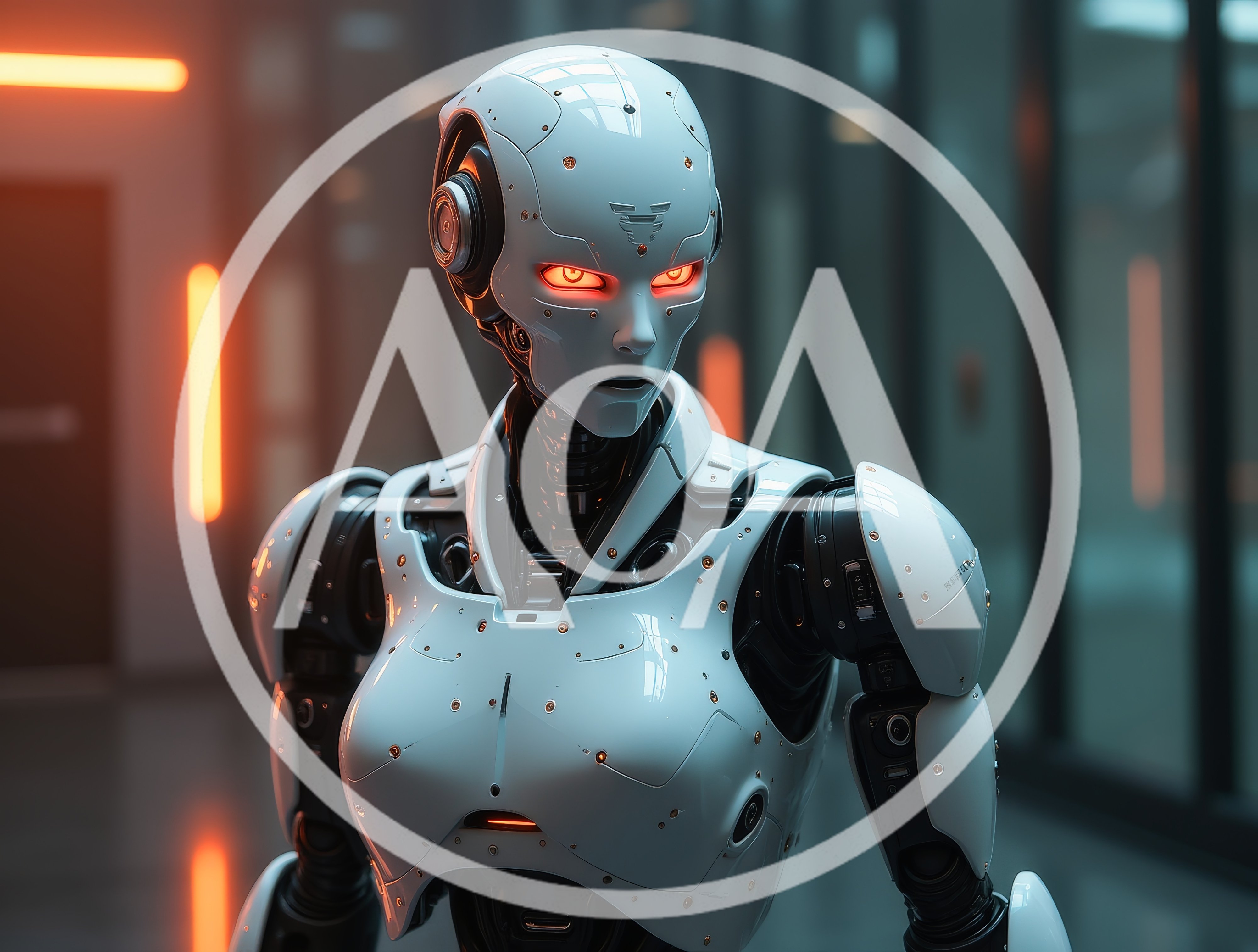Futuristic White Android Robot With Glowing Red Eyes