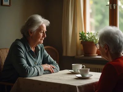 Two Elderly Women Having Coffee Conversation