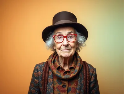 Portrait Of An Elderly Woman Wearing A Fedora And Glasses