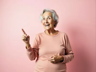 Happy Senior Woman Pointing Upwards