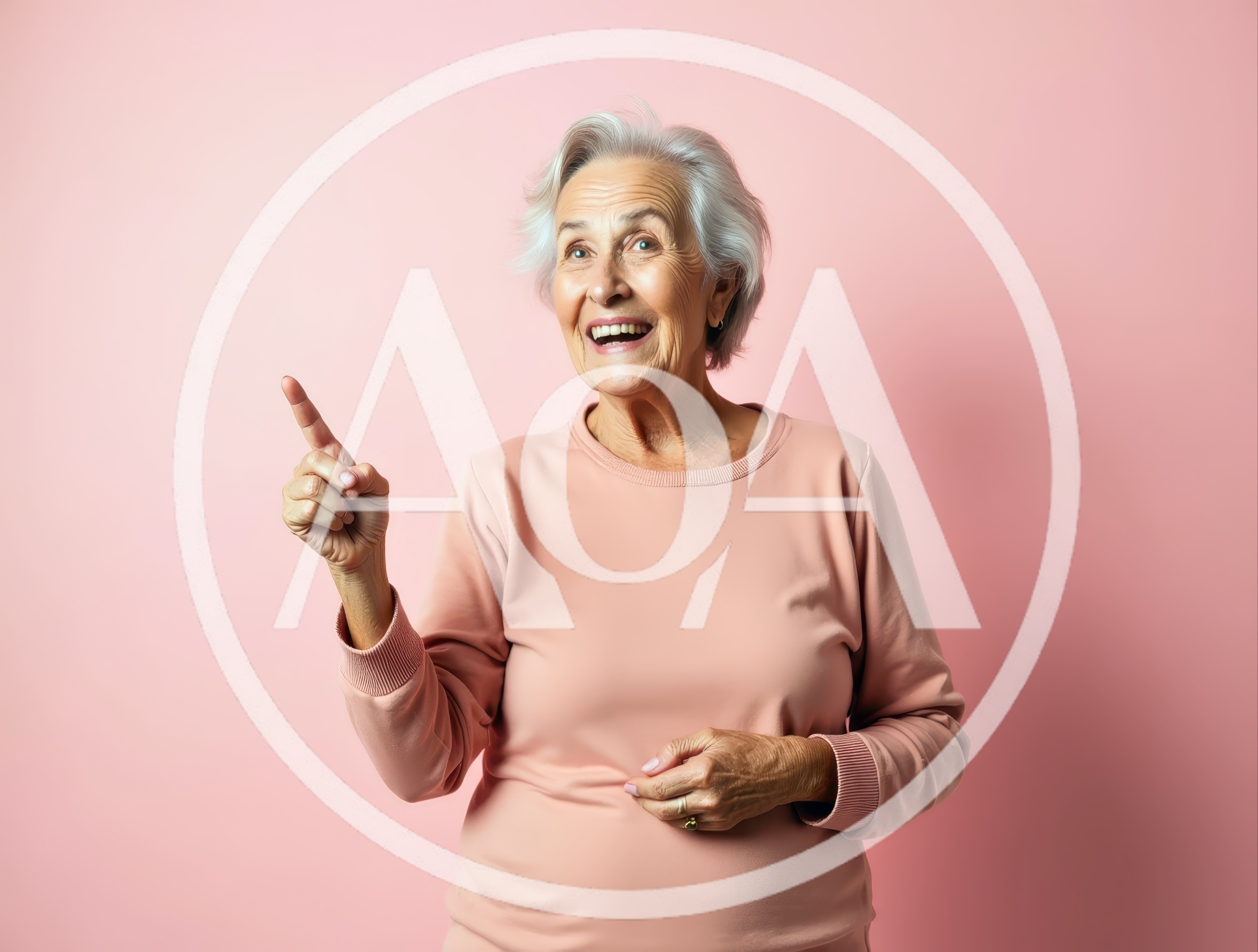 Happy Senior Woman Pointing Upwards