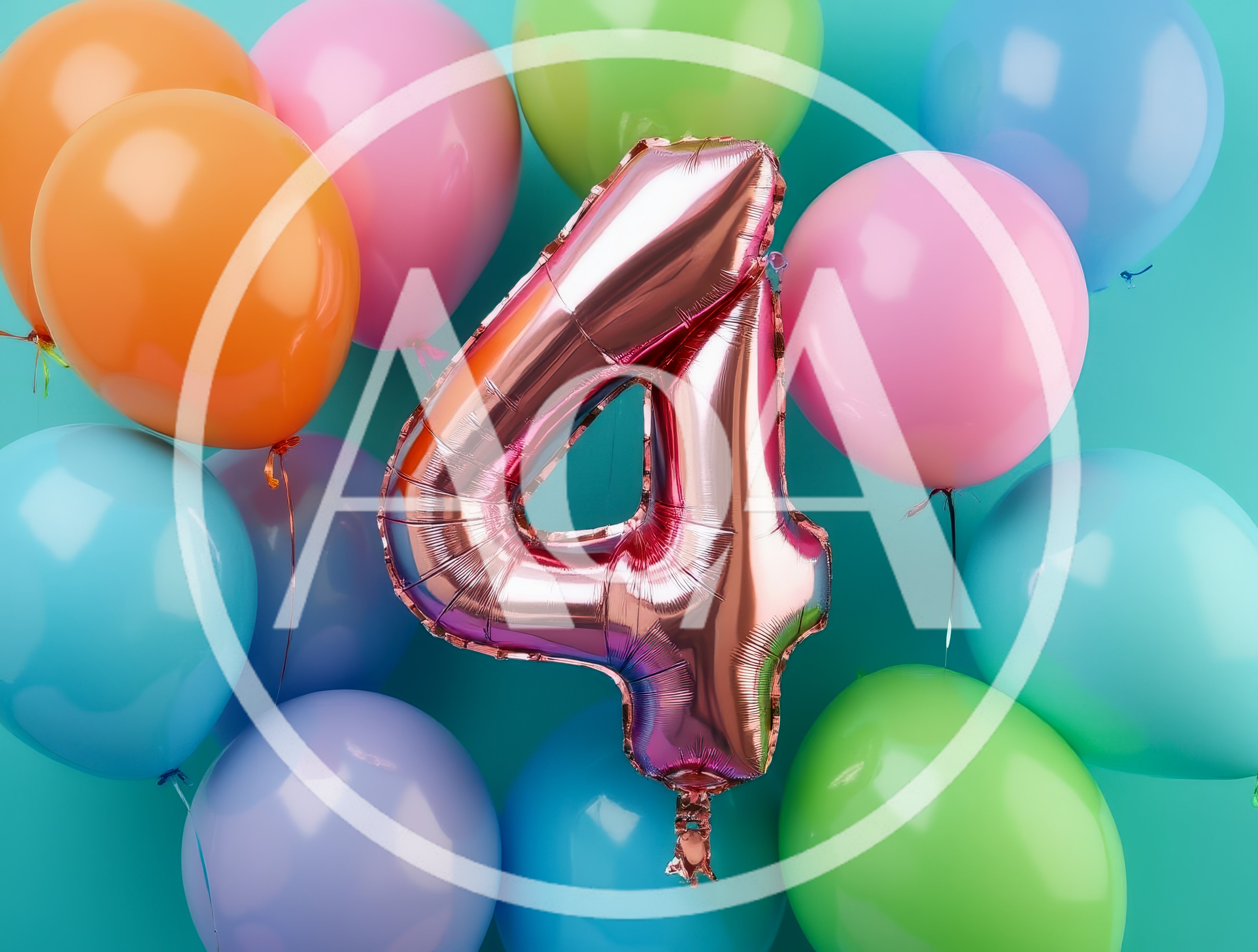 Rose Gold Number Four Balloon With Colorful Balloons